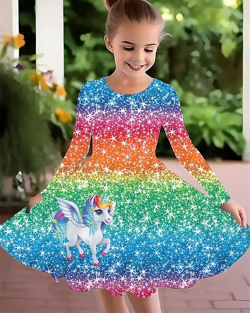 Tyttöjen 3D Yksisarvinen Mekko Pitkähihainen Kesä Kevät Loma Päivittäin Pyhäpäivä Prinsessa Kaunis Makea Lapset 4-12 vuotta Rento mekko A linjainen mekko Polvipituinen Normaali 2025 - $16.99 –P1