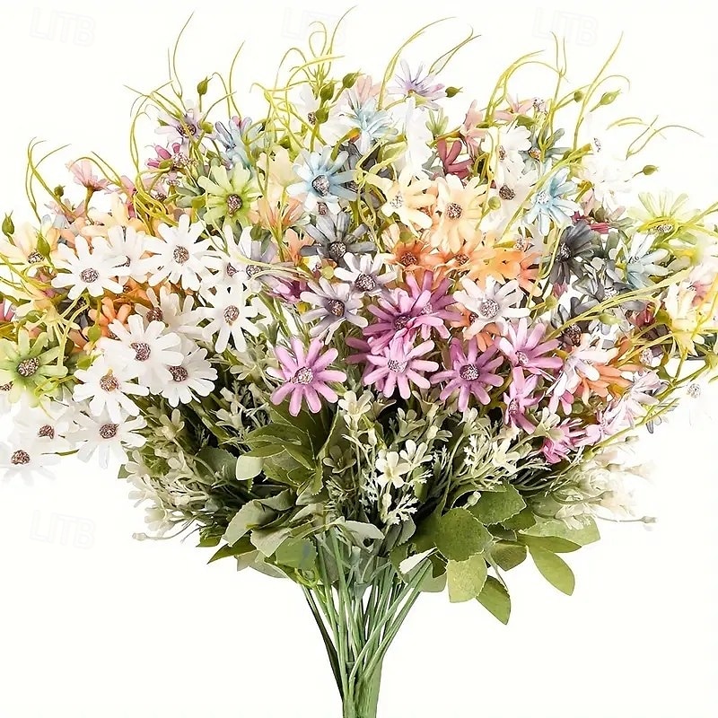 6 bouquet di margherite selvatiche artificiali, fiori di campo artificiali resistenti ai raggi UV per esterni, piante verdi all'ingrosso per decorazioni da vaso, decorazioni primaverili per la casa del 2025 a $23.99 –P1