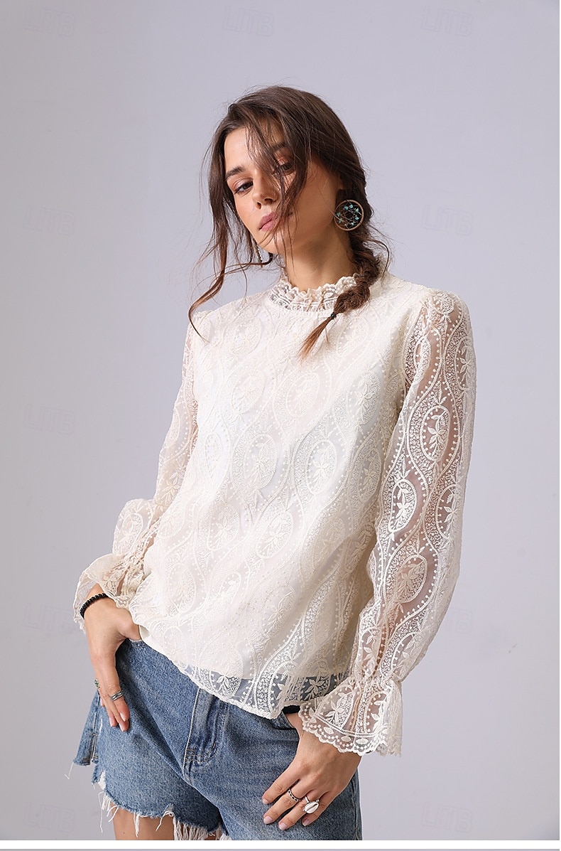 Damen Spitzenbluse Einfarbig Elegant Bohemien Vintage Langarm Hoher Ausschnitt Normale Oberteile Party-Abendmode Ausgehen Strandbekleidung Bestickt Schwarz Weiß Aprikose Frühling, Herbst, Winter 2025 - $49.99 –P6