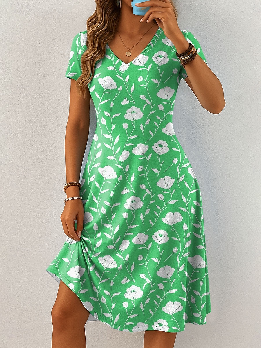 Damen Midikleid Strickkleid Freizeitkleid T-Shirt-Kleid Sommerkleid Urlaub Lässig Boho Strand Normale Passform Blumen Grafik Kurzarm V Ausschnitt Rosa Blau Orange Grün Sommer Frühling 2025 - $23.99 –P5