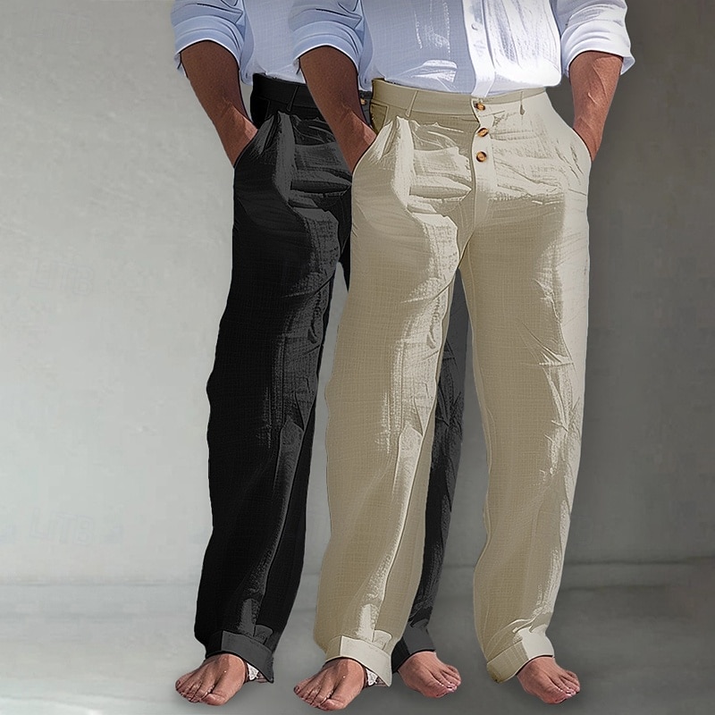 2026年 男性用 リネンパンツ ズボン サマーパンツ ビーチパンツ フロントポケット まっすぐな足 マルチパック 平織り 履き心地よい 高通気性 全長 アウトドア ビジネス 日常 旅行度假风 ファッション ホワイト+カーキ カーキ+ブラック 伸縮性なし  コレクション – $35.99 –P10