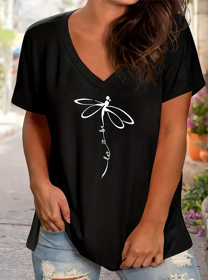 Dame T skjorte Grafisk Dyr Dragonfly Årgang Stilfull Klassisk Kortermet V-hals Vanlige topper Daglig Ut på byen Helg Trykt mønster Svart Rosa Rød Blå Grå Sommer Vår 2025 - $19.99 –P1