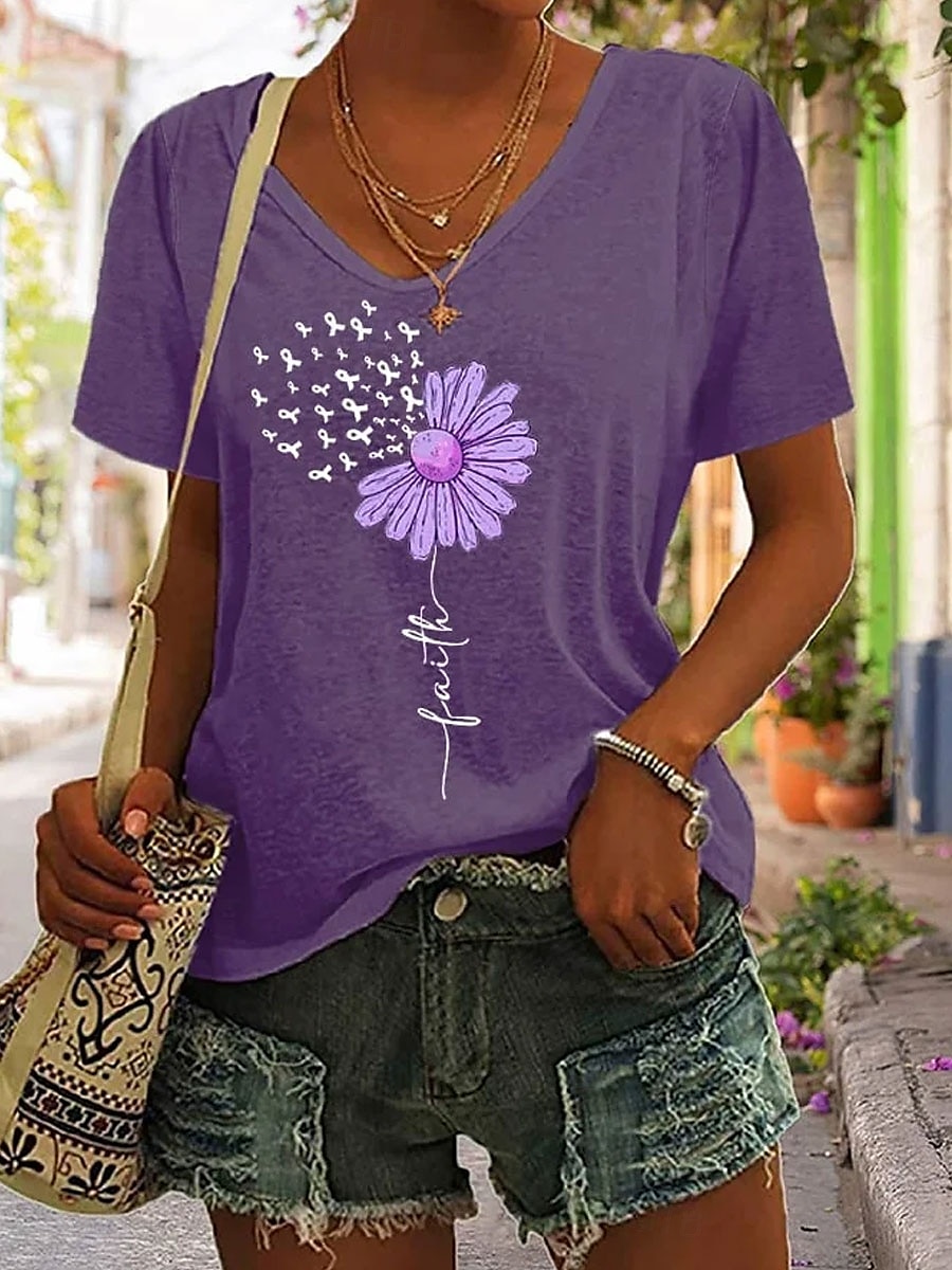 Femmes T-shirt Fleuri Graphique Lettre Bohème ancien Élégant Manche Courte Col en V Hauts Réguliers Quotidien Sortir Week-end Imprimé Noir Blanche Rose Claire Violet Vert Été Printemps de 2025 ? $19.99 –P2