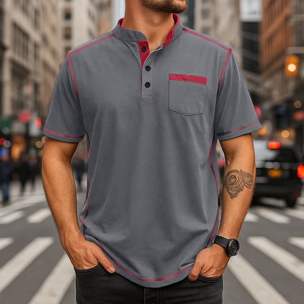 Pánské Tričko Henley Trička Top Henley Krátký rukáv Pevná barva Bez vzoru Jednobarevné Módní Designové Na běžné nošení Barevné bloky Knoflíky Jednoduchý Henley Collar Henley Ležérní Denní Venkovní 2026 - $26.99 –P7