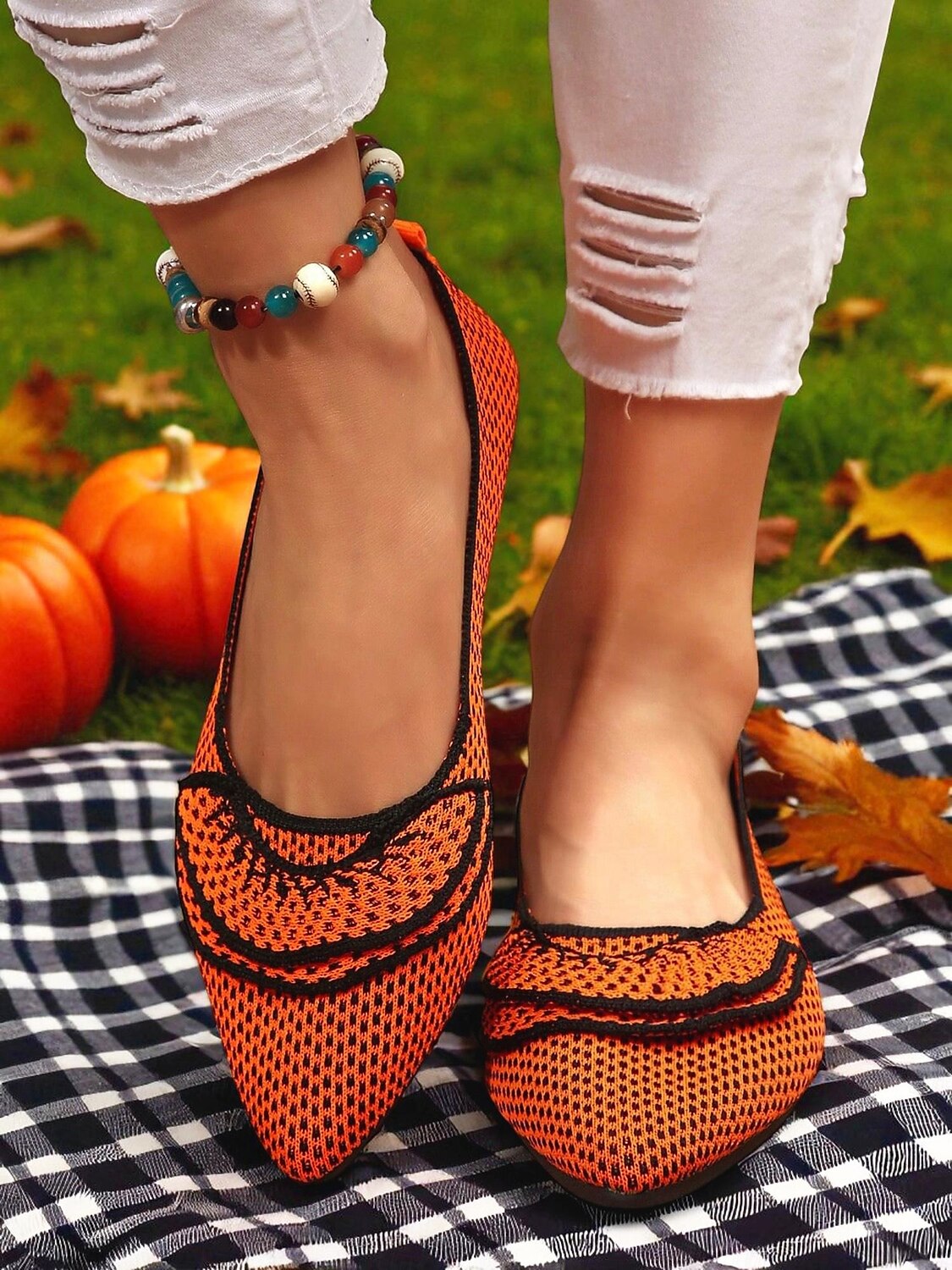 Orangefarbene Flyknit-Ballerinas für Damen – atmungsaktive Slipper mit spitzer Spitze und schwarzem Besatz für Halloween-Partys, Herbstpicknicks und den lässigen Alltag 2025 - $19.99 –P3