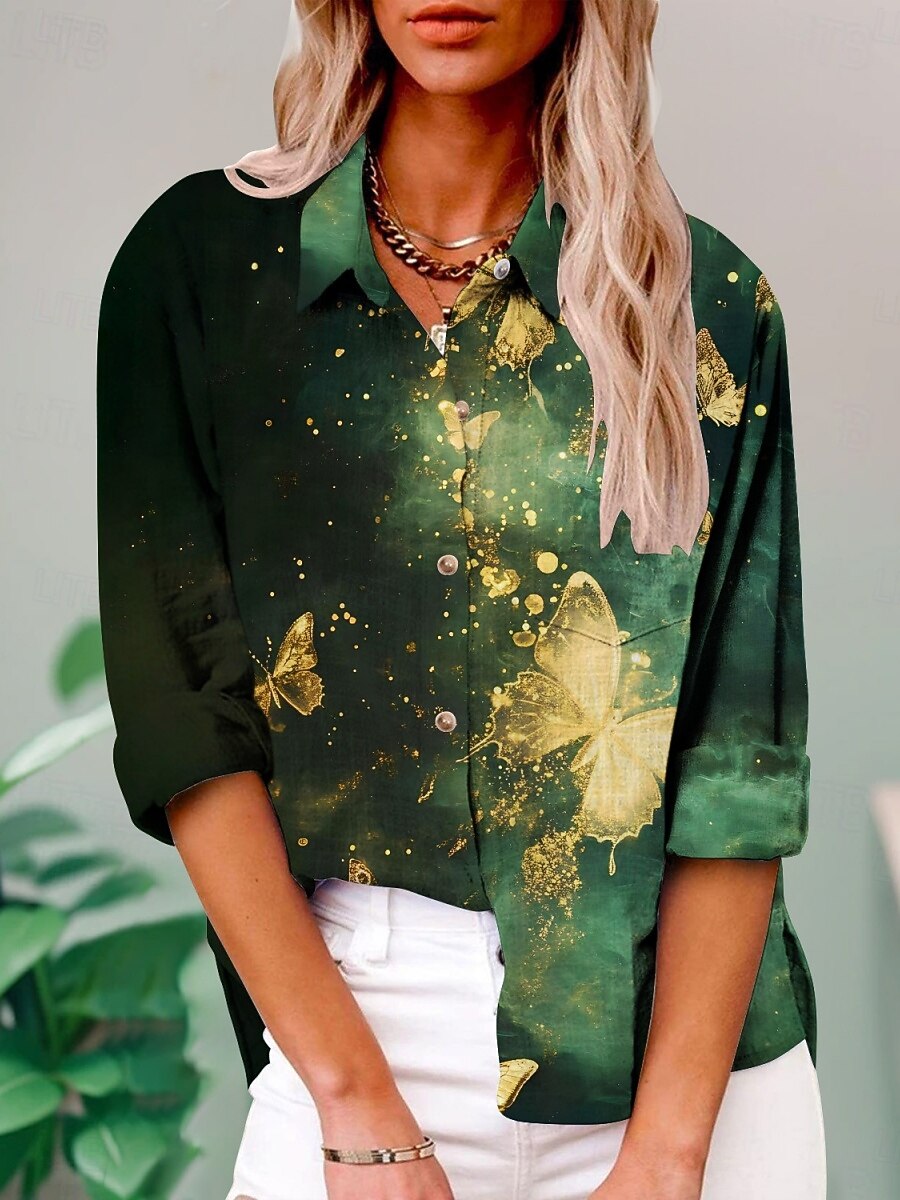 Per donna Camicia Floreale Farfalla Attivo Quotidiano Elegante Manica Lunga Colletto a Camicia Top Regolari Quotidiano Ferie Bottoni Stampato Bianco Giallo Blu Viola Verde Estate Primavera Autunno del 2025 a $29.99 –P5