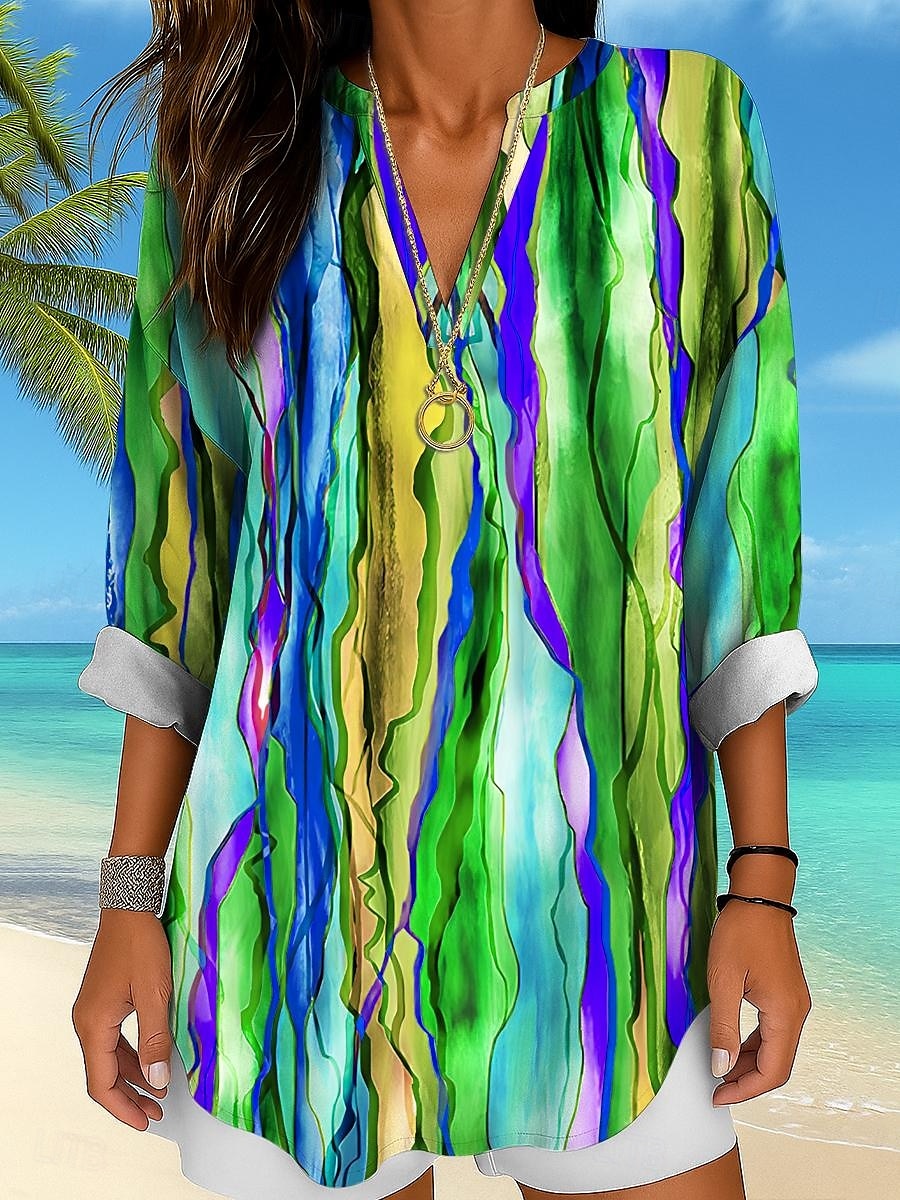 Women's Shirt Cotton Linen Shirt Blouse Ombre Graphic Geometric Daily Hawaiian Business Long Sleeve V Neck Regular Tops Work Daily Holiday Buttons Print Black And White Yellow Red Purple Green Summer 2025 - $24.99 –P6