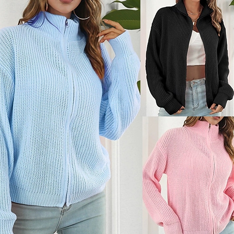 Női Kardigán Alkalmi Tömör szín Vaskos Körgallér Cipzár Kötött Hosszú ujj Normál felsők Kötött Napi Szabadság Alkalmi Fekete Arcpír rózsaszín Ősz Tél 2025 - $24.99 –P1