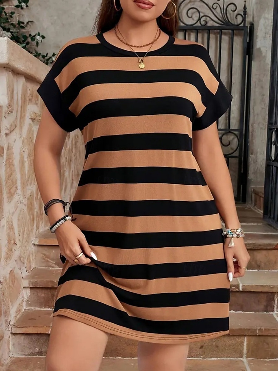 Femmes Grande taille Robe Décontractée Rayé Col ras du cou Manche Courte Été Printemps Mode Moderne Occasionnel Mini robe Quotidien Fête Robe de 2025 ? $22.99 –P1