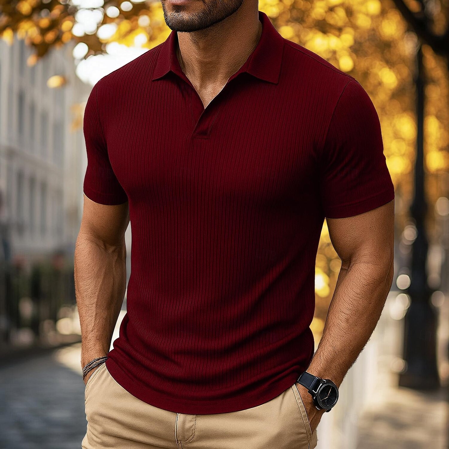 Herren Golfshirt Lässig Sport Revers Gerippter Polokragen Kurzarm Mode Basic Einfach Vertikale Streifen Klassisch Sommer Frühling Ganzjahres Normale Passform Wein Schwarz Grün Marineblau Golfshirt 2025 - $20.99 –P4