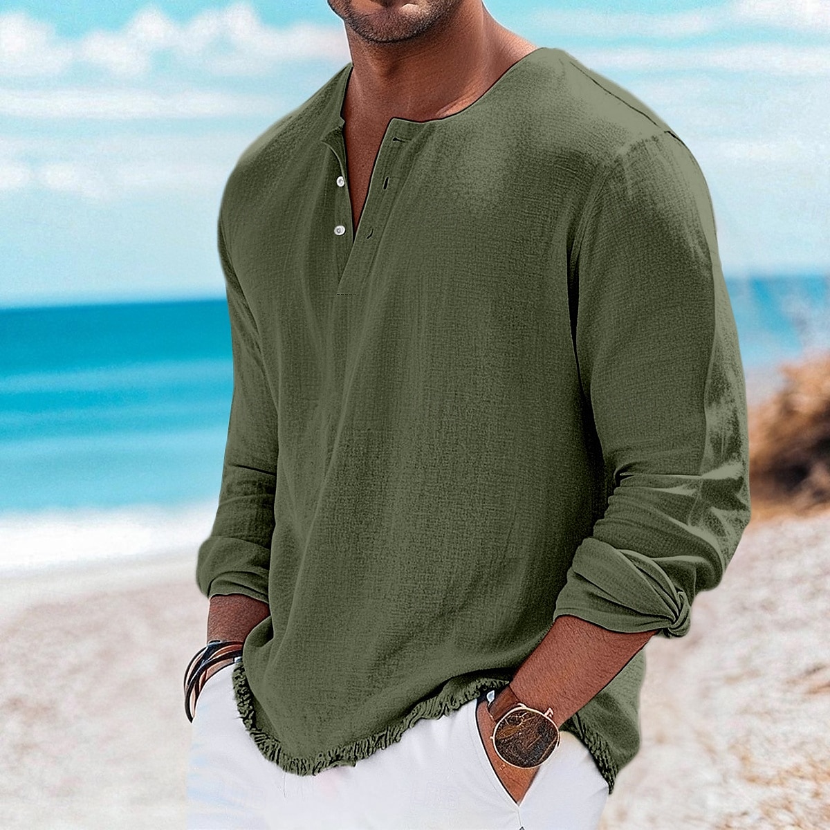 Per uomo Maglia Henley Maglietta Top Henley Maglietta in lino Manica Lunga Tinta unica Semplice Tinta unita Moda Designer Casual Blocco di colore Bottoni Henley All'aperto Casuale Quotidiano Estate del 2025 a $25.99 –P7