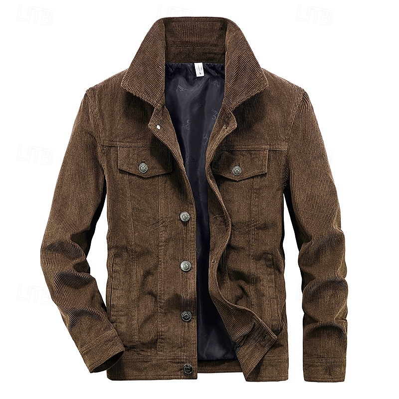 Men's Corduroy Jacket Cargo Jacket Casual Jacket Vacation Daily Pocket Fall Winter Plain Fashion Classic Lapel Regular Black Khaki Coffee Gray Jacket 2025 - $68.99 –P16