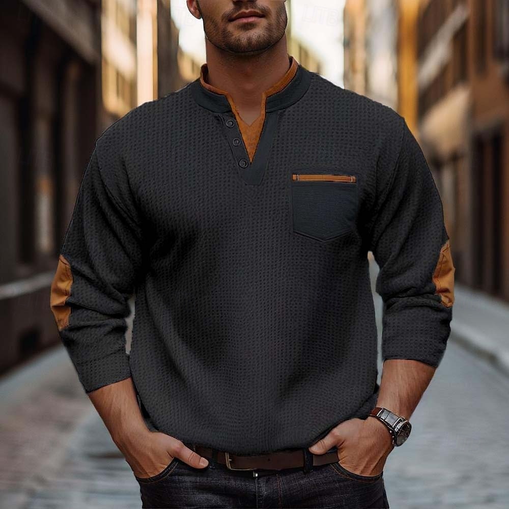 Herre Vaffel T-skjorte Vaffel Henley-skjorte Herreskjorter med albuelapper Langermet V-hals Henley Vinter Vår & Vinter Helfarge Mote Grunnleggende Moderne falske to stykker Avslappet Gate Sport Svart 2026 - $26.99 –P4