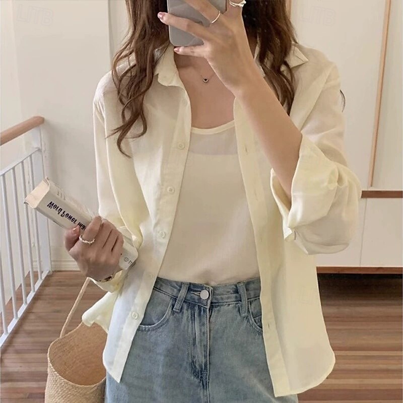 Damen Hemd Chiffon Tops Einfach Täglich Stilvoll Basic Langarm Hemdkragen Normale Oberteile Arbeit Täglich Ferien Knöpfe Weiß Gelb Blau Frühling Herbst 2025 - $24.99 –P1