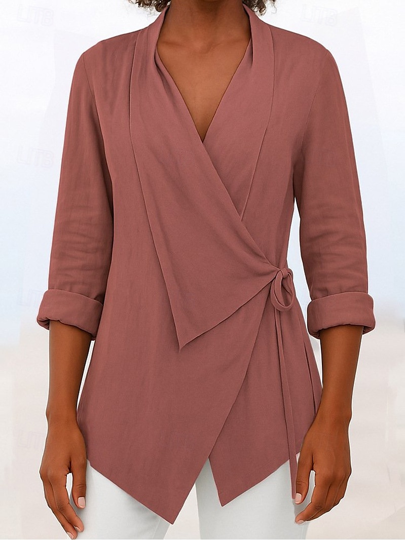 Women's Blouse Solid Color Elegant Stylish Basic Long Sleeve V Neck Regular Tops Daily Holiday Tie Front Black Pink Blue Brown Gray Summer Fall 2025 - $28.99 –P3