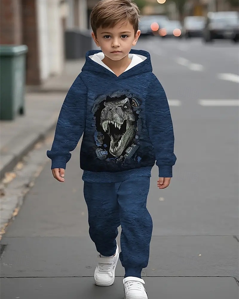 Jongens 3D Dinosaurus Set met capuchon en joggingbroek Sportoutfit Trainingspakken Lange mouw Lente Herfst Dagelijks Basic Casual Kinderen 4-12 jaar Capuchon Buiten Vakantie Sport Getailleerd 2025 - $26.99 –P7