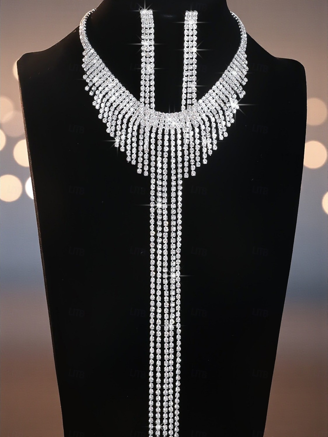 Dámská sada třpytivých šperků s kamínky - stříbrný náhrdelník choker a dlouhé střapcové náušnice, okouzlující výrazné doplňky pro večerní taneční a koktejlové večírky 2025 - $11.99 –P3