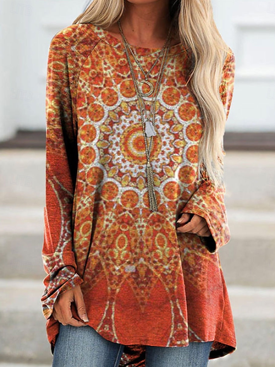 Femmes T-shirt Graphique Géométrique ancien Élégant Classique manche longue Col ras du cou Col rond Hauts Réguliers Quotidien Imprimé Rouge Orange Vert Kaki Printemps Automne de 2025 ? $24.99 –P2