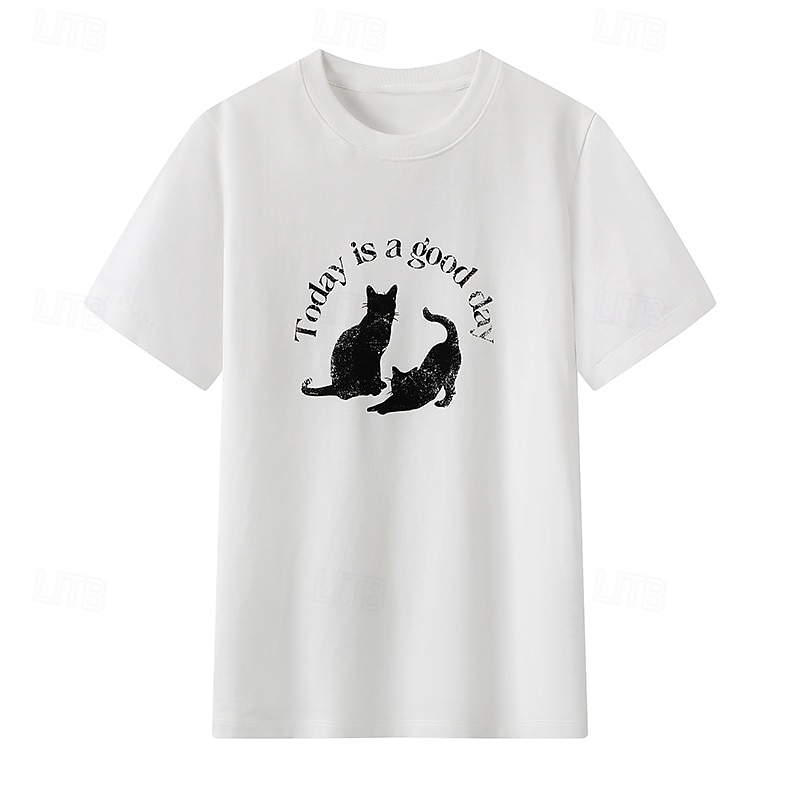 Maglietta da donna in 100% cotone con stampa di animali, gatti e lettere, elegante, basic, moderna, a maniche corte, girocollo, regular, per tutti i giorni, sportiva, per uscire, nera e bianca, del 2025 a $31.99 –P8