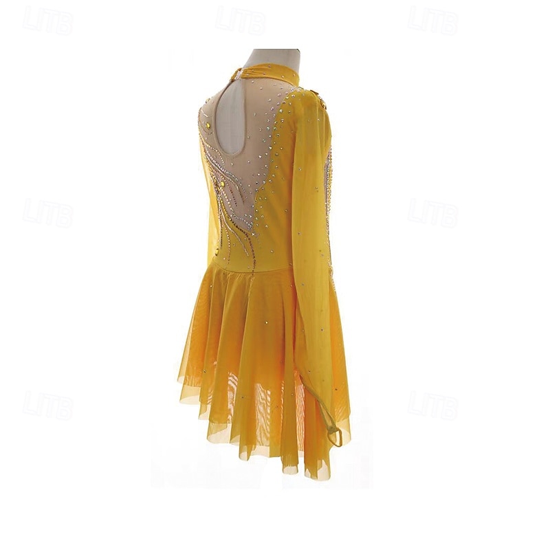 Figure Skating Dress Women's Girls' Ice Skating Dress Yellow Patchwork Thumbhole Mesh Spandex Stretchy Training Practice Professional Skating Wear Thermal Warm Crystal / Rhinestone Long Sleeve Ice 2026 - $244.09 –P2