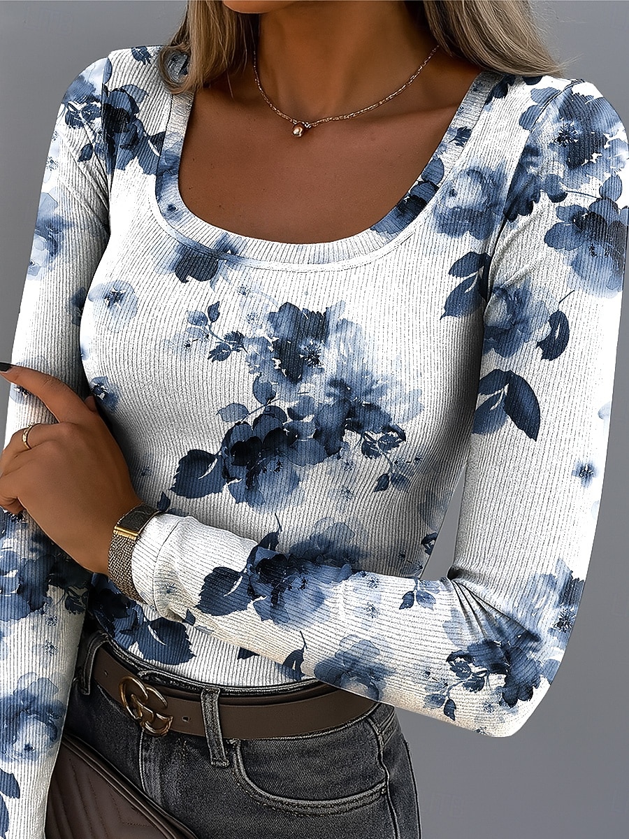 Camiseta para mujer de manga larga con gráfico de cuello cuadrado túnica de manga larga casual floral plantas vintage estilosa top regular wear diario estampado en negro blanco amarillo verde claro 2026 - $26.99 –P1