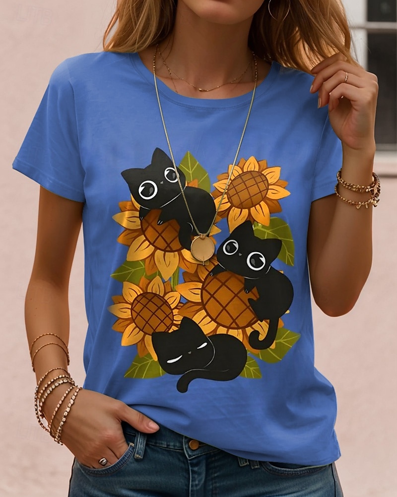 Femmes T-shirt Chemise en coton Graphique Chat ancien Élégant Classique Manche Courte Col ras du cou Col rond Hauts Réguliers Quotidien Imprimé Noir Blanche Bleu Gris Été Printemps de 2025 ? $19.99 –P4