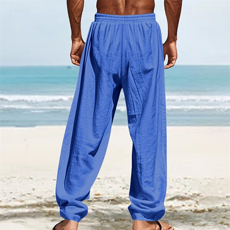 Men's Linen Pants Trousers Summer Pants Beach Pants Pocket Elastic Waist Drawstring Plain Comfort Breathable Vacation Daily Holiday Hawaiian Boho White Dark Red 2025 - $18.99 –P18