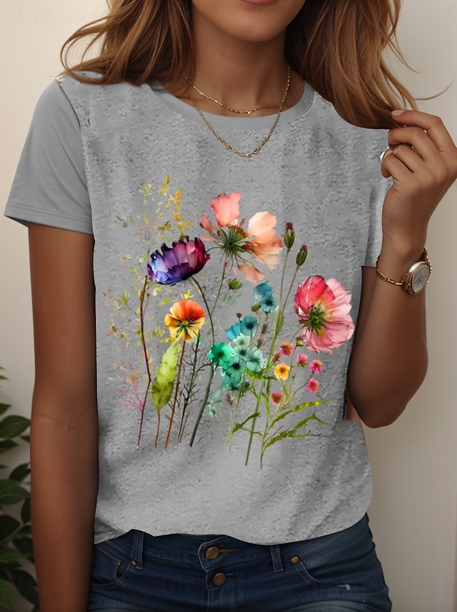 Dame T skjorte Blomstret Grafisk Planter Årgang Stilfull Klassisk Kortermet Crew-hals Vanlige topper Daglig Ut på byen Helg Trykt mønster Svart Hvit Rosa Blå Himmelblå Sommer Vår Høst 2025 - $19.99 –P6