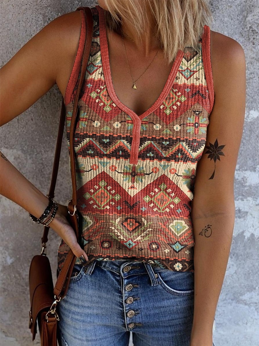 Dame Camisole Tank Top Grafisk Geometrisk Årgang Stilfull Etnisk Ermeløs V-hals Vanlige topper Daglig Trykt mønster Salvie Grøn Lysebrun Oransje Grønn Kakifarget Sommer Vår 2025 - $17.99 –P3
