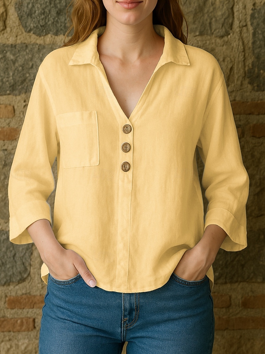 Femmes Chemises en coton et lin Uni Basique Moderne Manche 3/4 Col de chemise Hauts Réguliers Quotidien Avec Poches Boutons Blanche Jaune Rose Claire Bleu Ciel Été Printemps Automne de 2025 ? $17.99 –P2