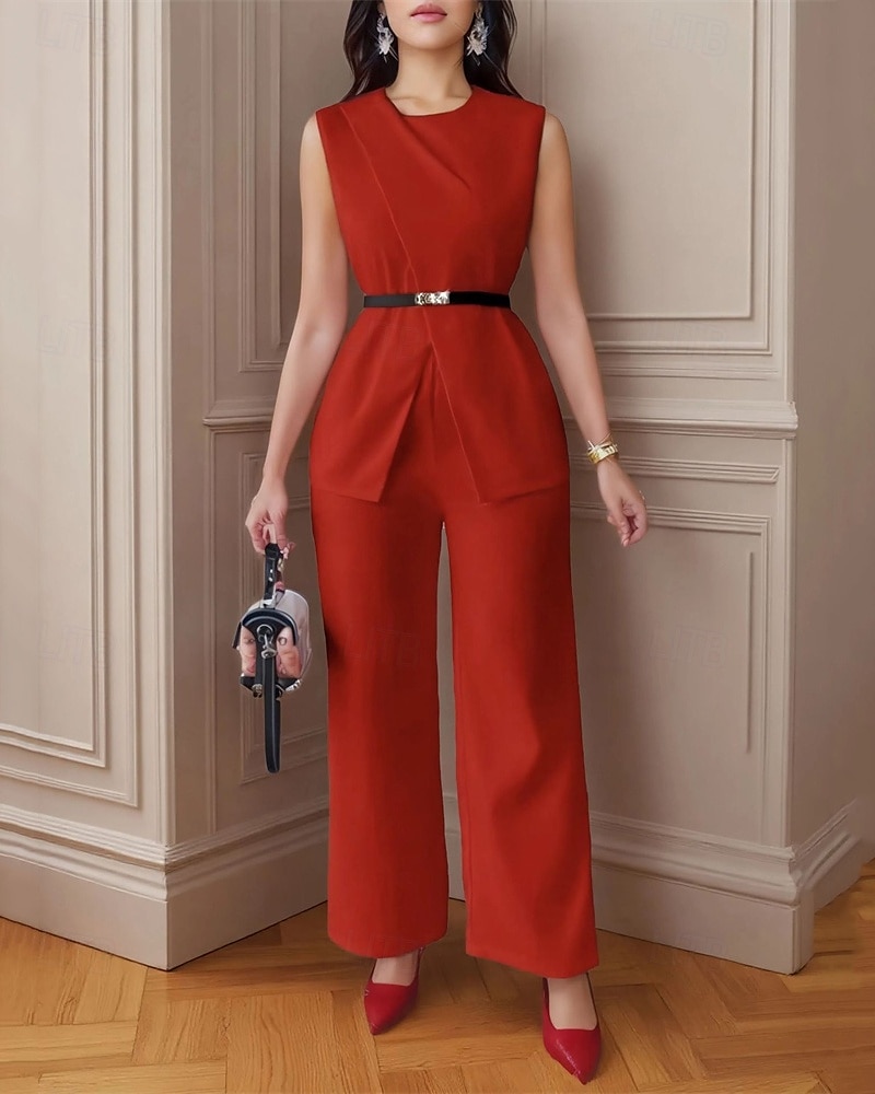 Dam Elegant Mode Byxuppsättningar Bolero Top Ärmlös Rund hals Ensfärgat Semester Ledigt / vardag Svart Vit Rubinrött Sommar Normal 2025 - $29.99 –P9