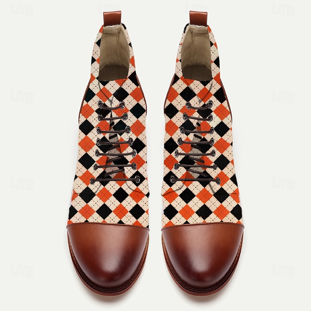 Botas masculinas de tecido jacquard xadrez com cadarço – botins estilo vintage retrô para looks criativos, festas e uso diário de 2025 por $54.99 –P3
