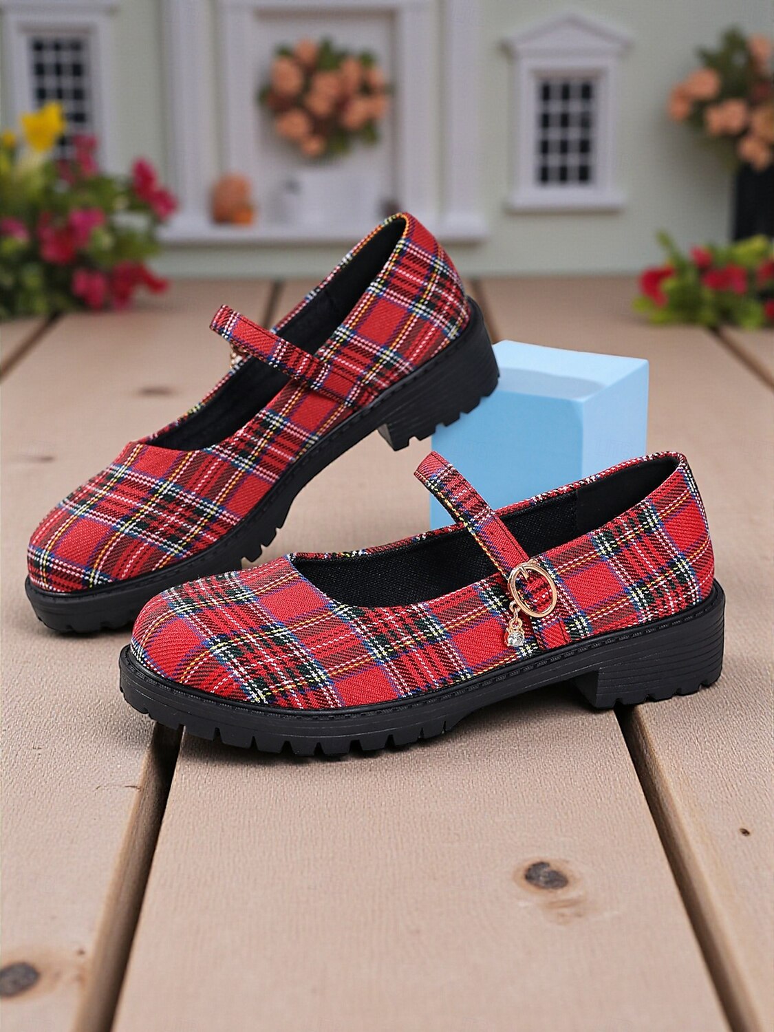 Women's Red Plaid Mary Jane Flats - Chunky Sole Tartan Shoes with Buckle Strap, Casual School Style for Teens and Fall Outfits 2025 - $19.99 –P4