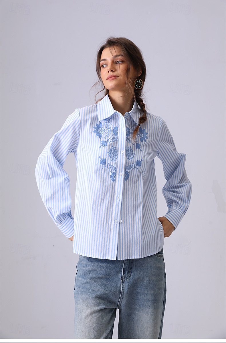 Femmes Chemise Fleuri Rayé Élégant Bohème ancien manche longue Col de chemise Hauts Réguliers Travail Quotidien Fête Broderie 1# Original bleu clair-BLEU Printemps, Automne, Hiver, Été de 2025 ? $41.99 –P10