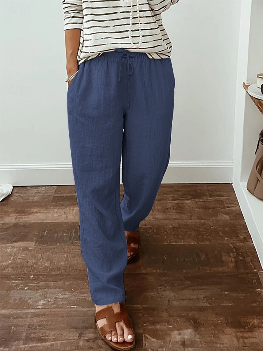 Mulheres Calças de linho de algodão Calças Roupa de rua Casual Longas Cintura Alta Tecido Bolsos Design de cordão elástico Corte alto Respirabilidade Macio Micro-Elástica Rua Roupa Diária Preto de 2025 por $24.99 –P8