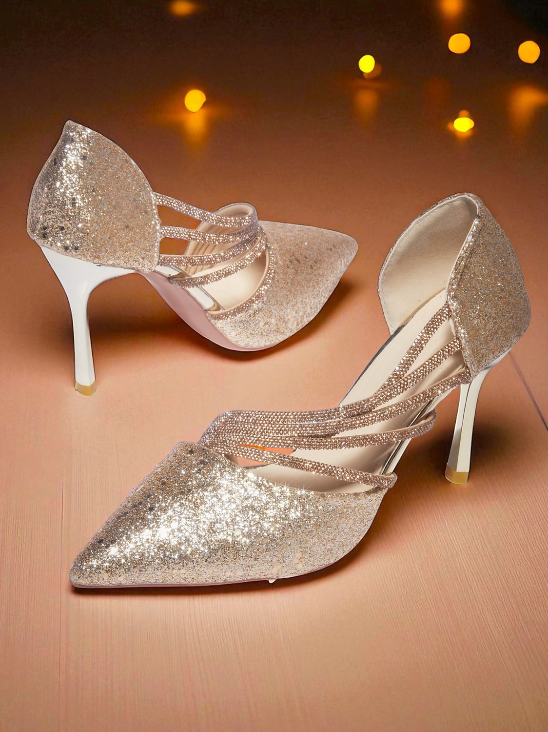 Scarpe da donna con tacco a spillo e punta a punta, glitterate dorate, con cinturino e tacco a spillo, per la vita notturna, i club e gli eventi serali del 2026 a $46.99 –P7