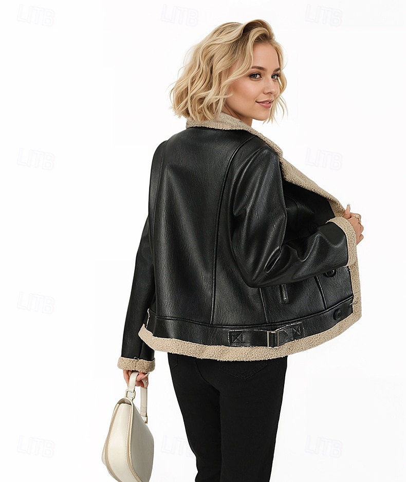 Femmes Veste en Similicuir Veste en Polaire Chaud Fermeture éclair Avec Poches Boutons ancien Mode Occasionnel Uni Rue Occasionnel Tenue quotidienne Court Revers Cranté Coupe régulière manche longue de 2025 ? $52.99 –P2