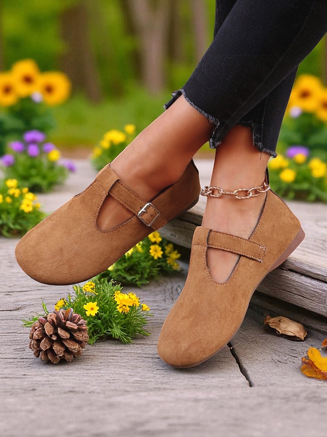 Ballerinas für Damen mit breiter Zehenpartie aus Wildlederimitat und verstellbarem Riemen – bequeme Freizeitschuhe für Garten, Park und Spaziergänge im Freien 2025 - $19.99 –P3