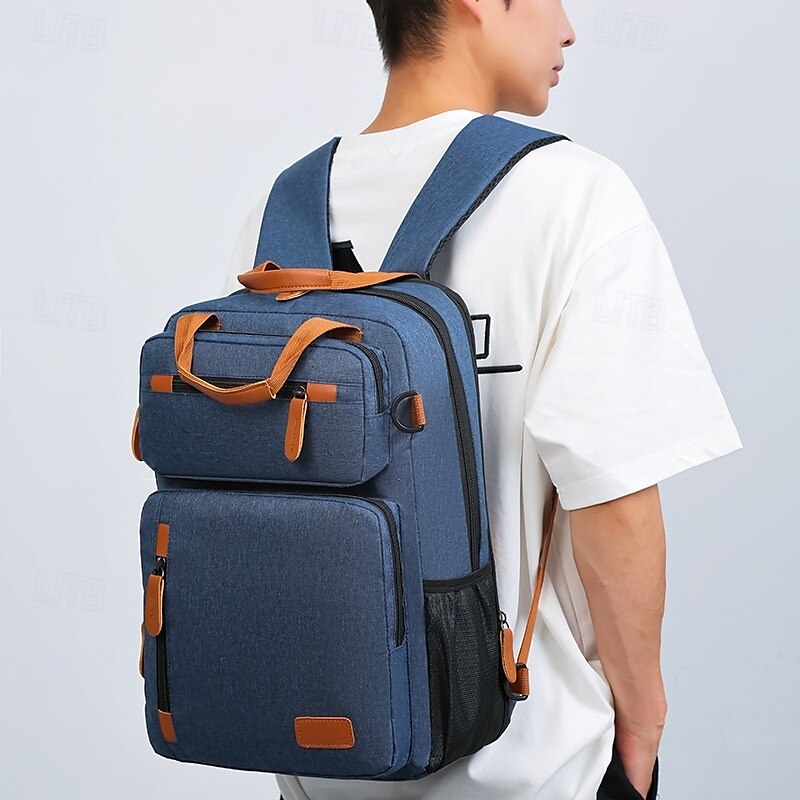 Sac à dos bleu pour ordinateur portable avec port USB – Sac de voyage et d'école à compartiments multiples avec accents en cuir et poche pour bouteille d'eau de 2025 ? GBP £24 –P2
