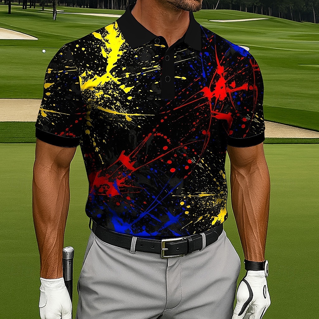Ανδρικά Γκολφ Μελάνι πιτσιλίσματος Πόλο Αθλητικά μπλουζάκια πόλο Κοντομάνικο Μπλουζάκια πόλο Πουκάμισα με γιακά Καθημερινό Ένδυση γυμναστικής και άθλησης 3D εκτύπωση Κουμπιά Καλοκαίρι Μαύρο Λευκό 2026 - $21.99 –P1