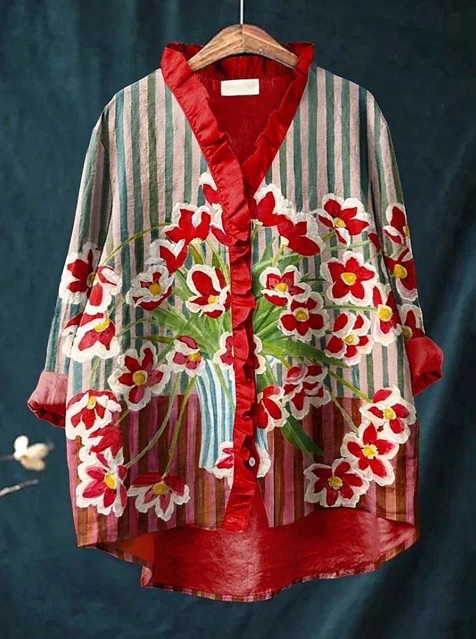 Per donna Camicia Boho Volant Floreale Elegante Bohemien Attivo Quotidiano Ferie Uscire Blu Giallo Rosso Fucsia Arancione Estate Primavera del 2026 a $29.99 –P4