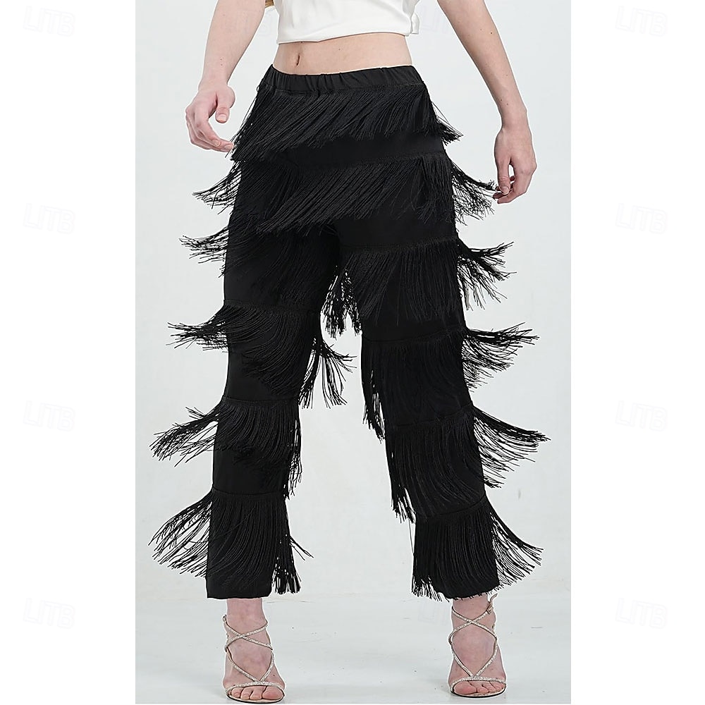 Pantalón de baile latino con borlas de 7 niveles BH1985 para mujer, pantalón de práctica profesional con flecos negros para adultos. 2026 - $35.99 –P3