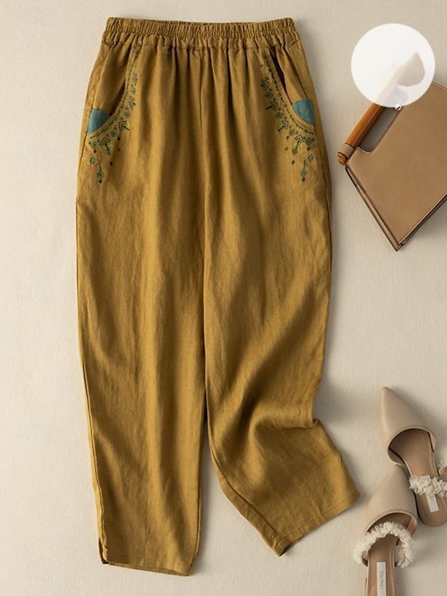 Mujer Pantalones de lino y algodón Chinos Moda Básico Longitud total Alta cintura Floral Bordado Comodidad Al Aire Libre Microelástico Vacaciones Calle Diario Blanco Amarillo Albaricoque Café Verano 2025 - $18.99 –P11
