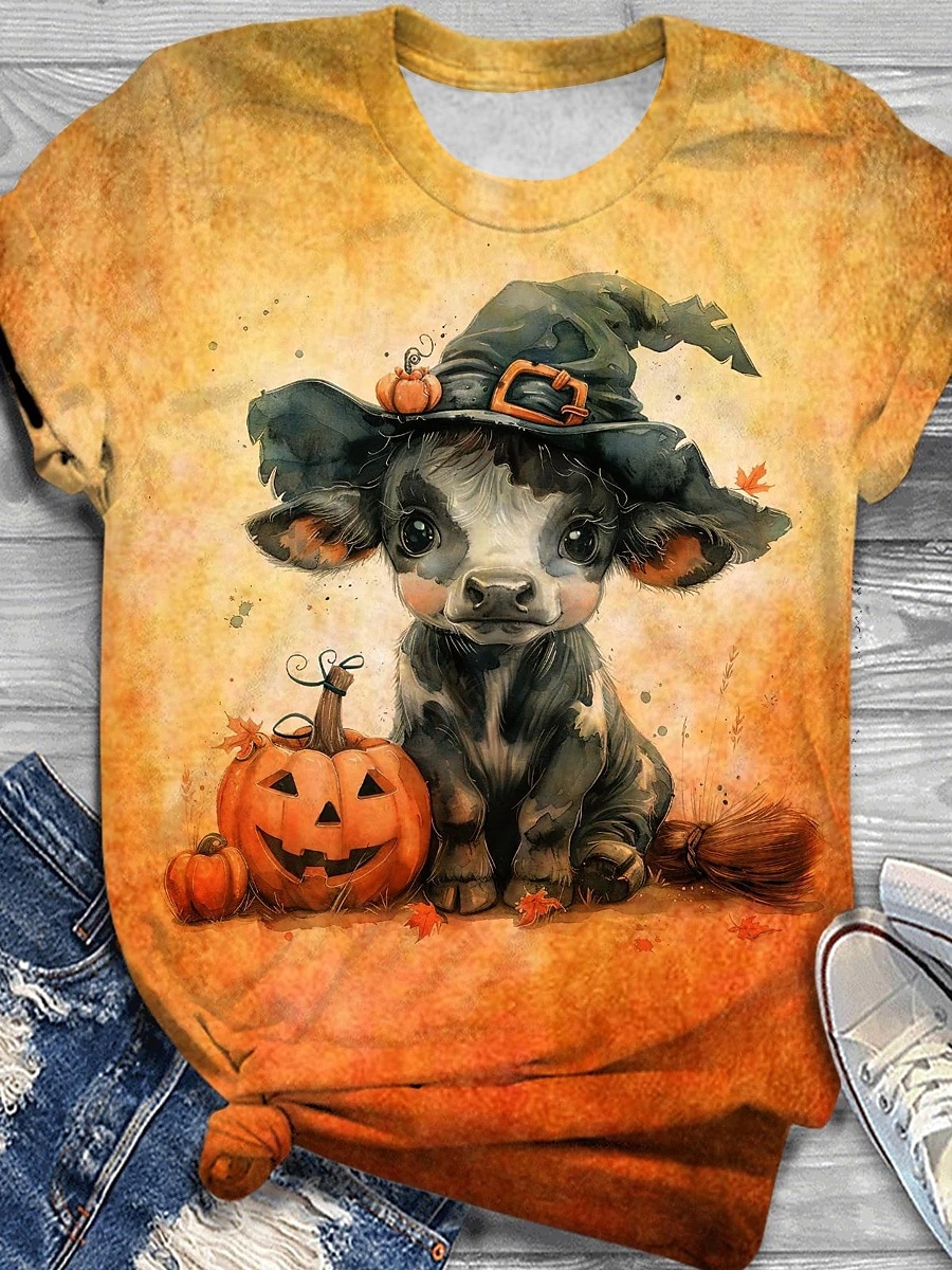 Halloween Naisten T-paita Kuvitettu Eläin Lehmä söpö tyyli Tyylikäs Vapaa-aika Lyhythihainen Tiukka pyöreä kaula-aukko Pyöreä kaula-aukko Tavalliset topit Päivittäin Painettu Musta Keltainen Oranssi 2025 - $19.99 –P2
