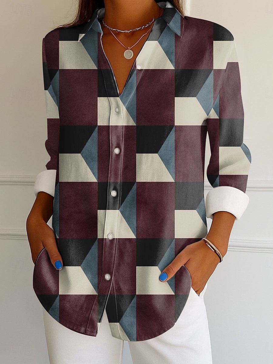 Camicia da donna manica lunga blusa abbottonata grafico geometrico a righe vintage tropicale camicia regolare top lavoro quotidiano stampa blu viola arancione marrone estate primavera del 2025 a $32.99 –P3