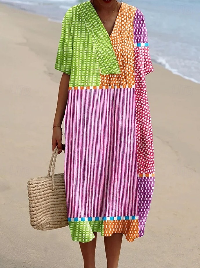 Per donna Abito Midi Vestito Estivo Abito a trapezio Vacanza Casual Spiaggia Feste Uscire Spiaggia Vestibilità comoda Grafico Geometrico Manica Corta Scollo a V Giallo scuro Rosa Blu Arancione Estate del 2025 a $36.99 –P5