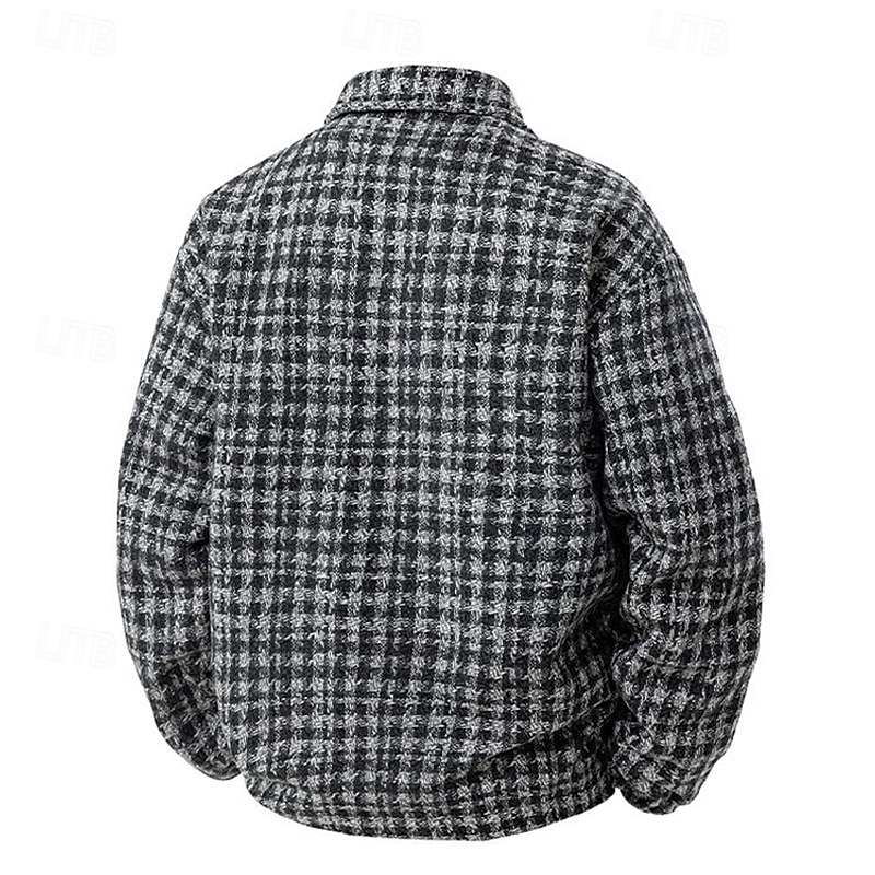 2025年 男性用 軽量ジャケット カジュアルジャケット バケーション 日常 保温 ポケット 秋 冬 チェック ファッション クラシック ラペル レギュラー ブラック カーキ色 グレー ジャケット  コレクション – $52.99 –P2