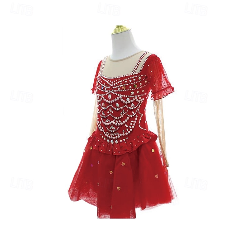 Eiskunstlaufkleid Damen Mädchen Eislaufen Kleid Rot Patchwork Daumenloch Netzstoff Spandex Dehnbar Training Übung Professionell Eiskunstlaufkleidung Thermowarm Kristall / Strass Langarm Eislaufen 2025 - $180.99 –P1
