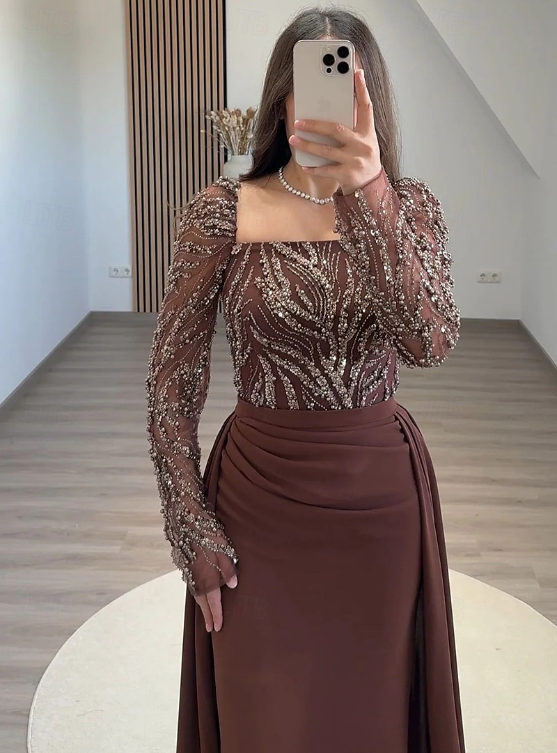 Abendkleid mit schwarzer Krawatte, Perlenbesatz, Spitze, abnehmbarer Überrock, elegantes Kleid, formelle Hochzeit, Schleppe, lange Ärmel, quadratischer Ausschnitt, mit Pailletten und gerüschten Perlen 2025 - $165.99 –P1