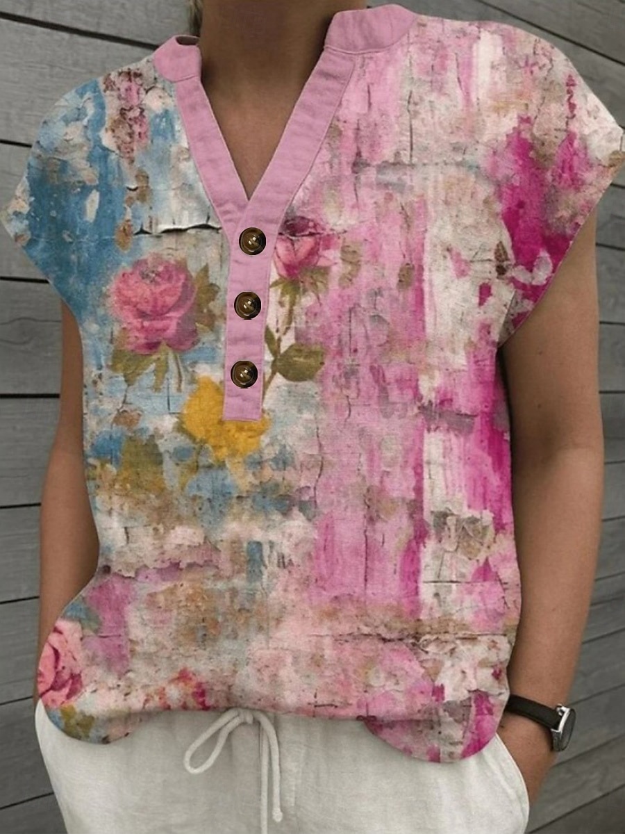 Femmes Chemise Fleuri Graphique ancien Élégant Classique Sans manches Manche Courte Col en V Encolure en V Hauts Réguliers Quotidien Sortir Tenue de plage Imprimé Rose Claire Vert Été Printemps de 2025 ? $24.99 –P2